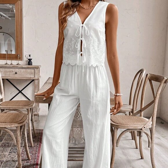 White Casual Women's Solid Color Hollow Out Lace Up Tank Top & Long Pants Set - Picture 1 of 6
